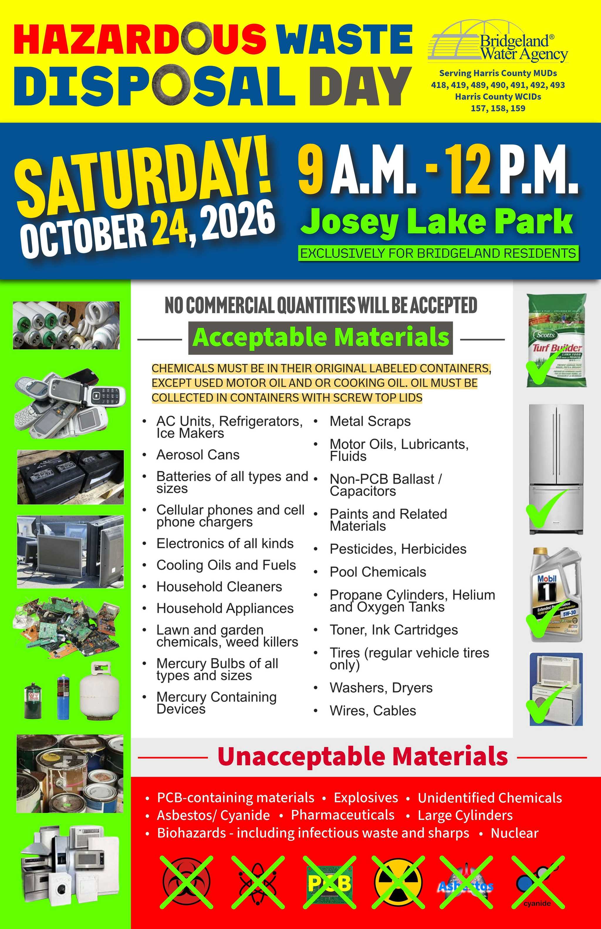 Flyer for Bridgeland Water Agency Hazardous Waste Disposal Day on October 24, 2026, from 9 a.m. to noon at Josey Lake Park, listing accepted and prohibited disposal materials.